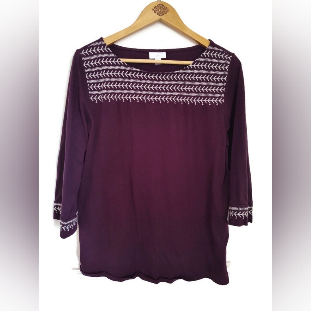 J.Jill Aubergine Plum Eggplant Embroidered Yolk Top Size Large